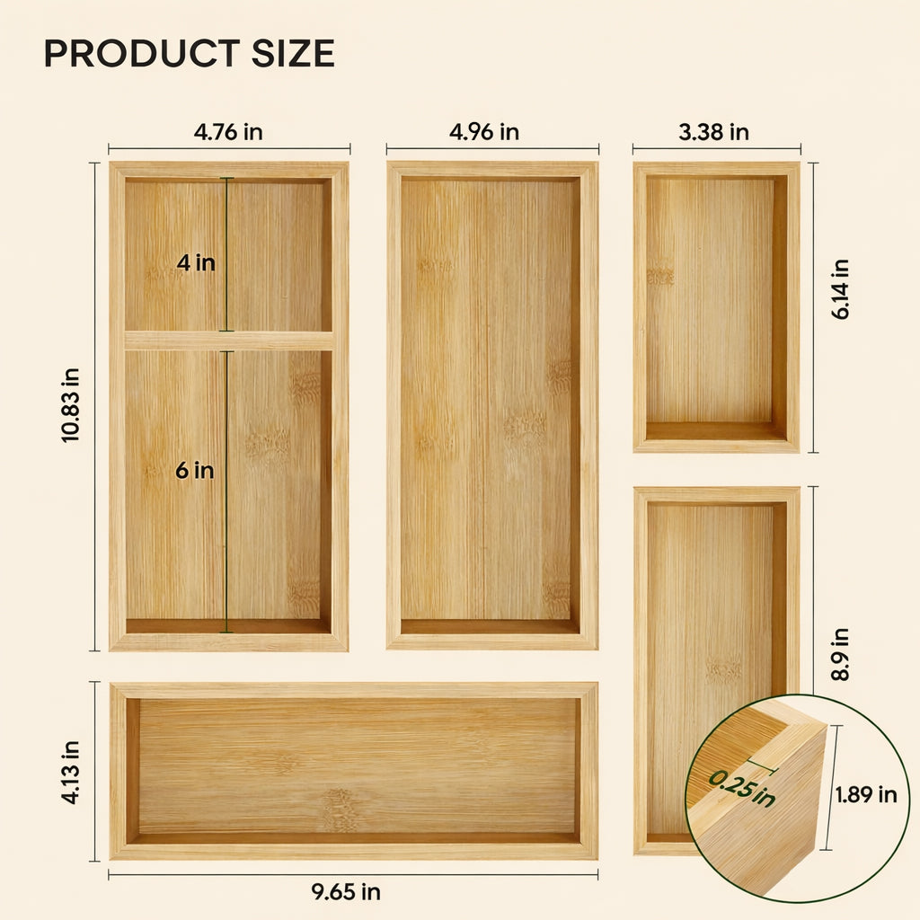 Modular Bamboo Drawer Organizer Boxes | Customizable Storage for Kitchen & Home