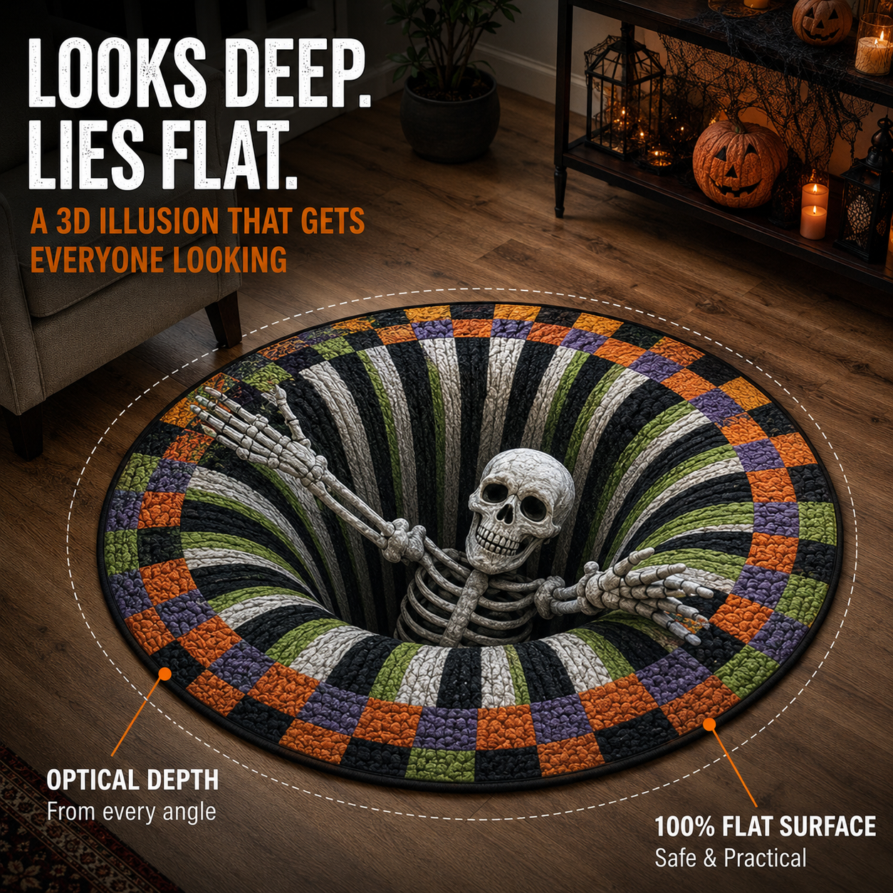 Skeleton pit rug showing a deep optical illusion on a flat surface