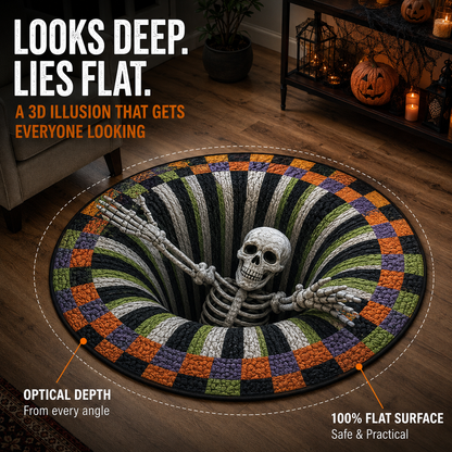 Skeleton pit rug showing a deep optical illusion on a flat surface