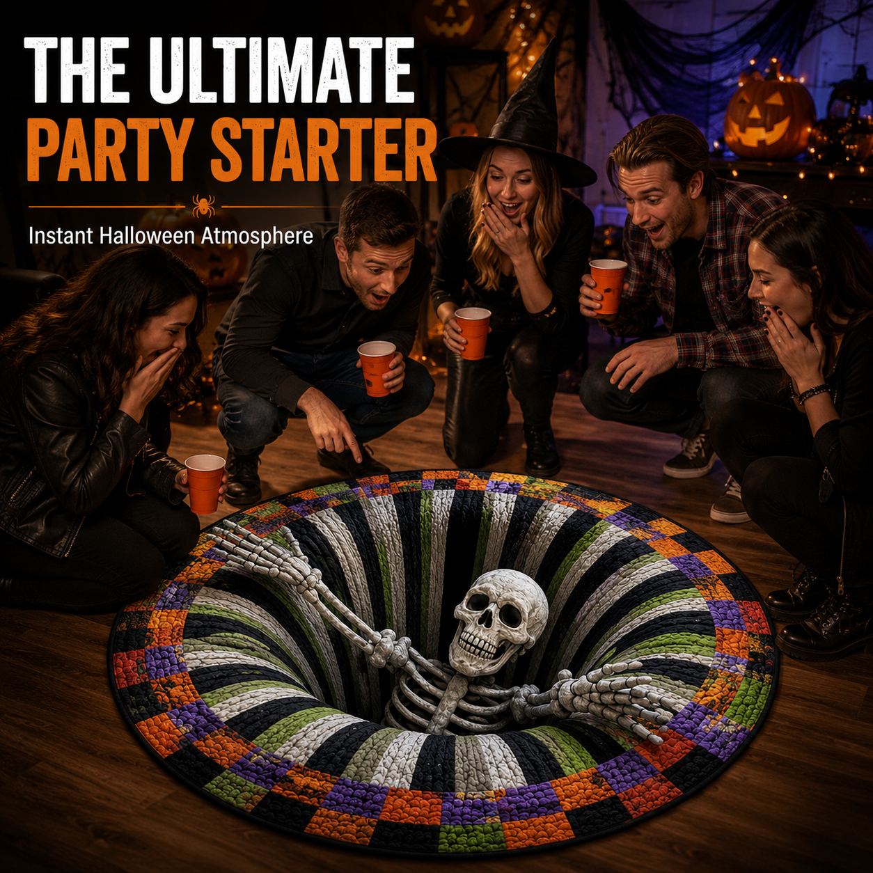 Halloween party guests reacting to a skeleton pit illusion rug