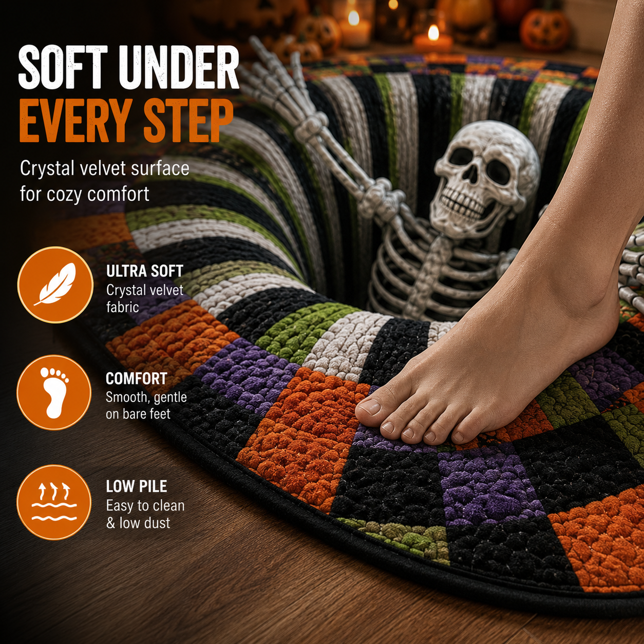 Bare foot on the soft low-pile Halloween illusion rug