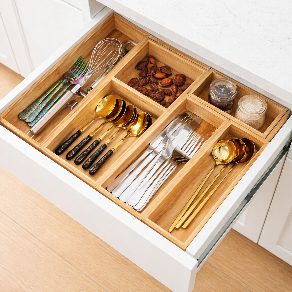 Modular Bamboo Drawer Organizer Boxes | Customizable Storage for Kitchen & Home