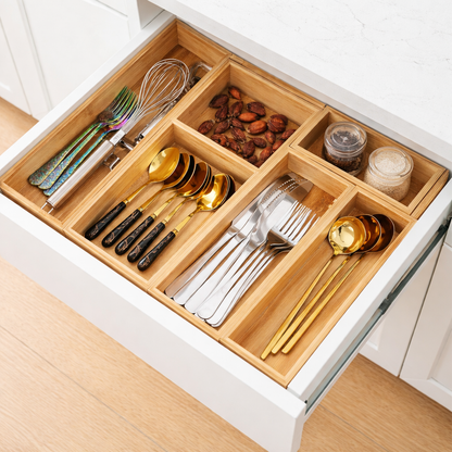 Modular Bamboo Drawer Organizer Boxes | Customizable Storage for Kitchen & Home
