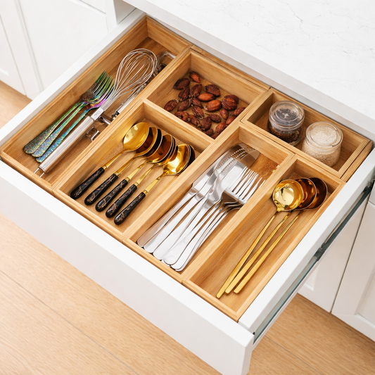 Modular Bamboo Drawer Organizer Boxes | Customizable Storage for Kitchen & Home
