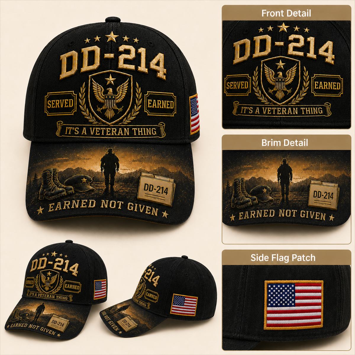 Veteran tribute artwork across curved cap brim