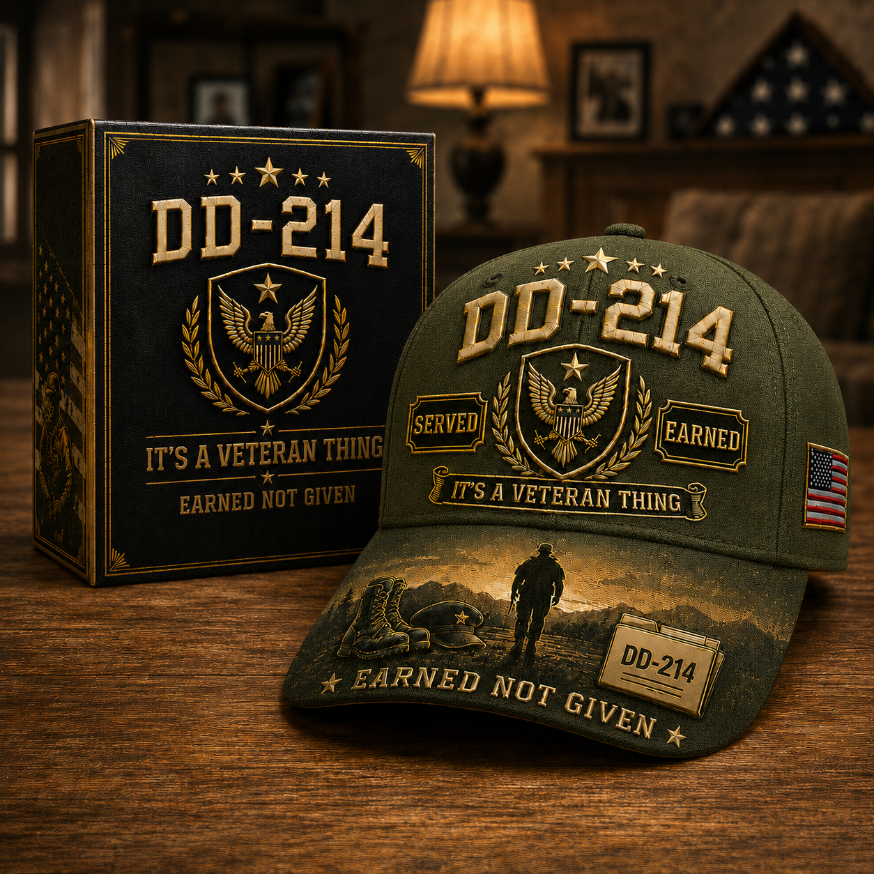 DD-214 veteran tribute cap presented as a commemorative gift