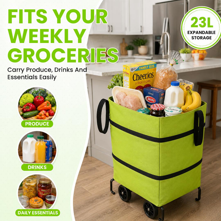 Foldable shopping bag used as a rolling cart
