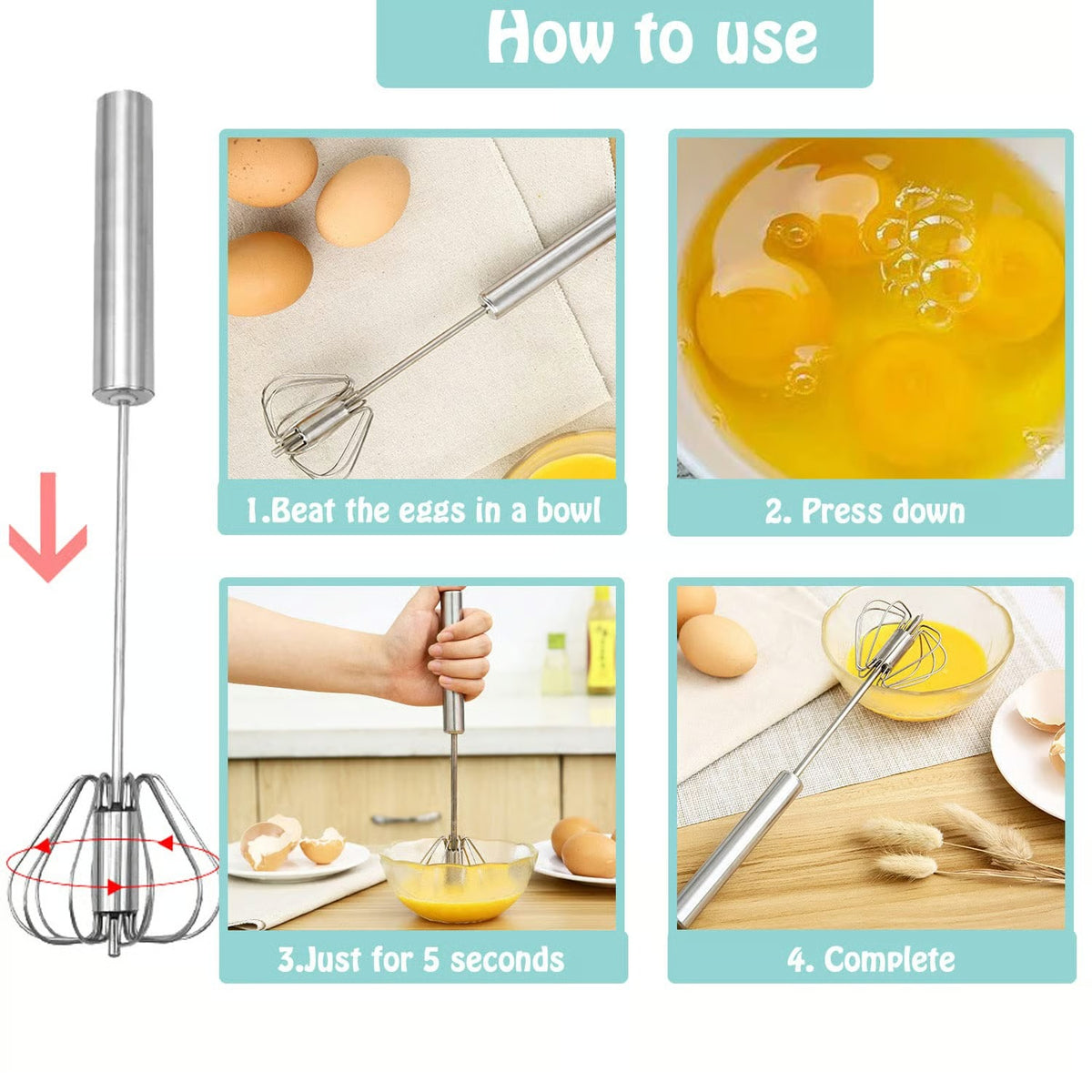 Semi-Automatic Stainless Steel Push Rotary Whisk Set