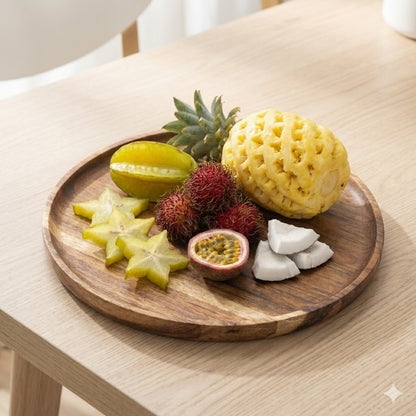 Premium Solid Wood Round Serving Tray | Handcrafted Acacia & Rubber Wood Plates